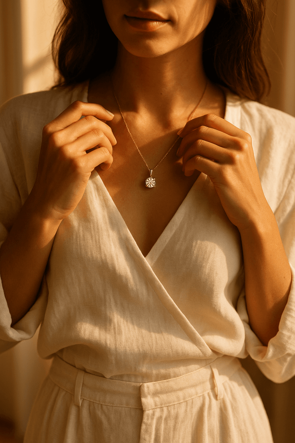 Woman adjusting necklace